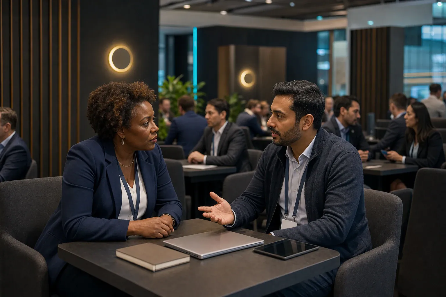 Enterprise technology buyer and startup founder in a focused meeting at GTF
